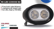 Cargar imagen en el visor de la galería, Faro led 2 ojos blanco contorno de ángel con luz alta y baja y estrobo MOD RS-LED-13003W-BU
