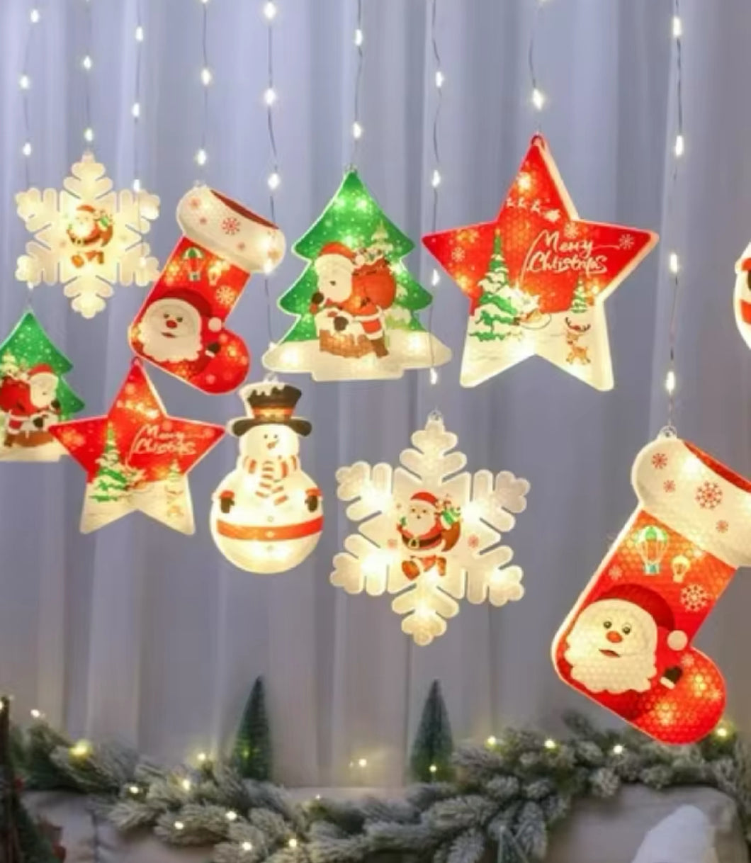 SERIE DE LUCES NAVIDEÑAS CON FORMAS DE PINOS Y ESTRELLAS, CORTINA DE LUZ NAVIDEÑA MOD HY07
