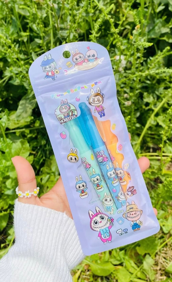 Paquete de 3 piezas de plumones de fluorescente de labubu