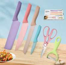 Cargar imagen en el visor de la galería, 6 pz Juego de cuchillos domésticos de paja de trigo,  con tabla de picar utensilios de cocinaMOD RO-4
