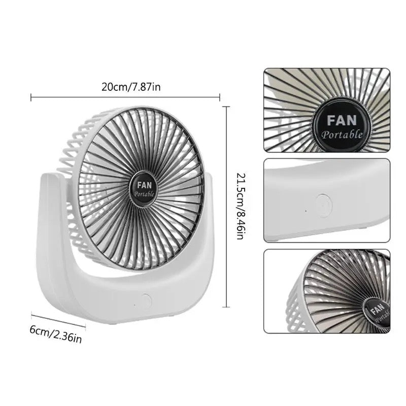 Mini ventilador carga USB, Enfriador portátil ajustable 3 velocidades, ventilador rotación 360 °