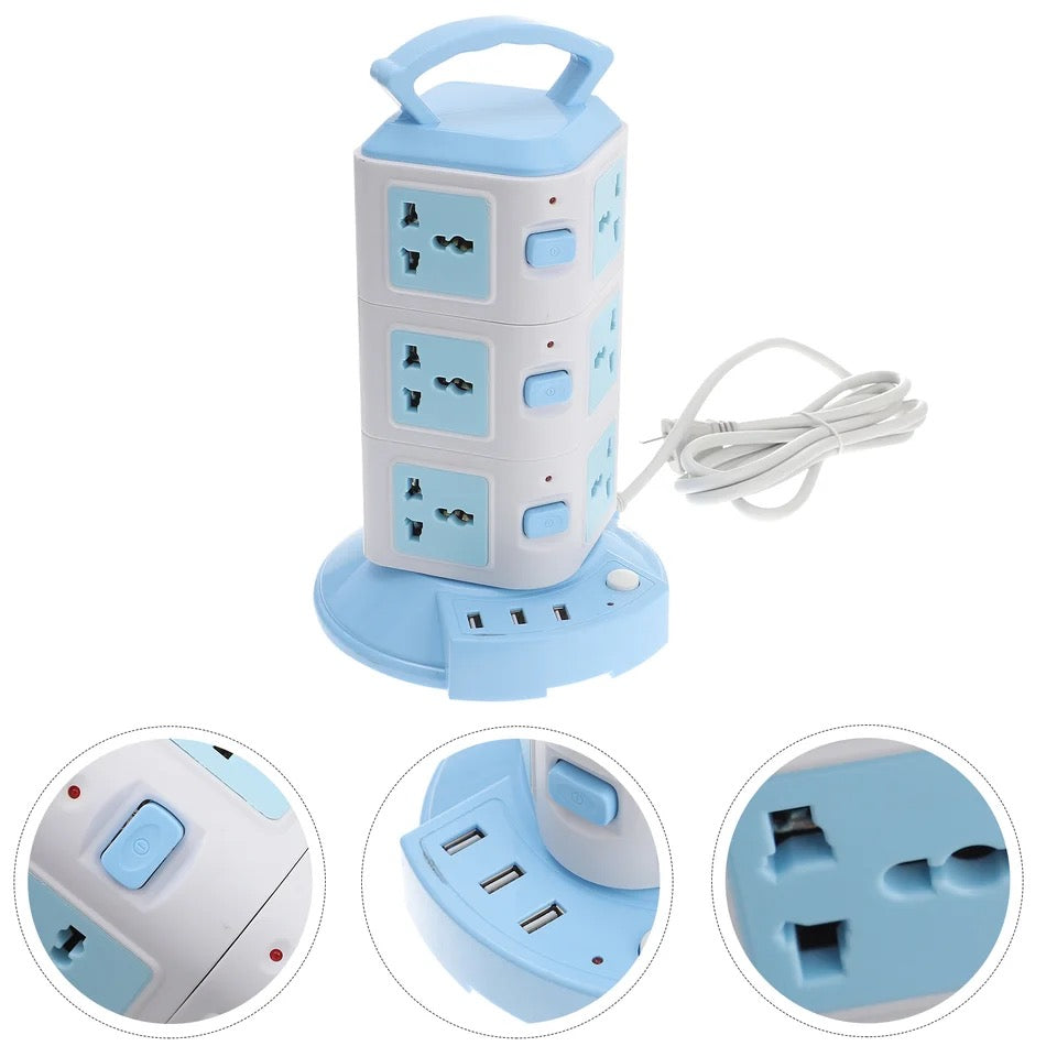 Torre de alimentación múltiple, tira Vertical, enchufe de la UE, tomas de 12 vías, 5 USB, Protector de sobrecarga, interruptor de alimentación múltiple MOD ZE-005