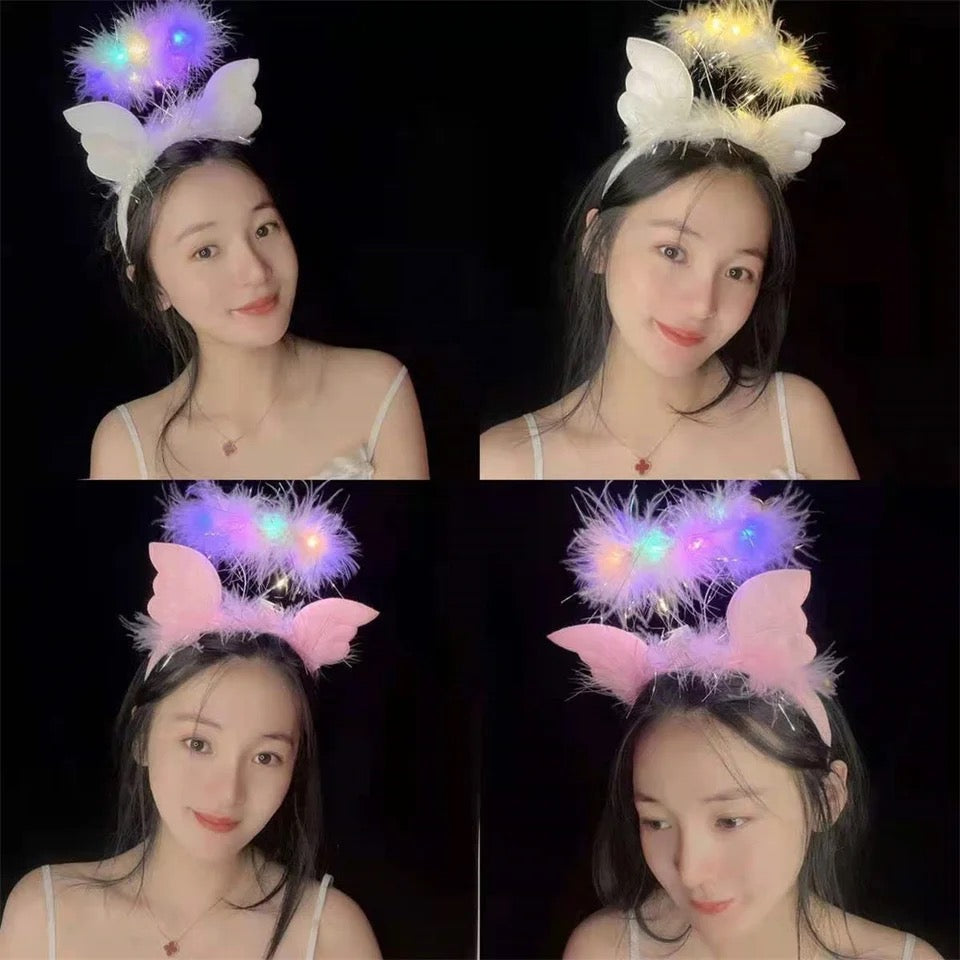 Diadema brillante de plumas de alas de Ángel, banda para el cabello de hada linda, Aro para el cabello con luz Led, accesorios de Anime para Cosplay, actuaciones, recuerdo de fiesta