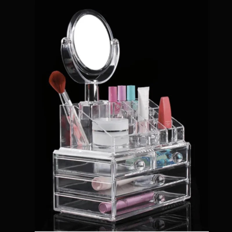 Organizador de maquillaje multiusos con espejo acrílico, 4 cajones MOD ZE-1040 y ZE-1039