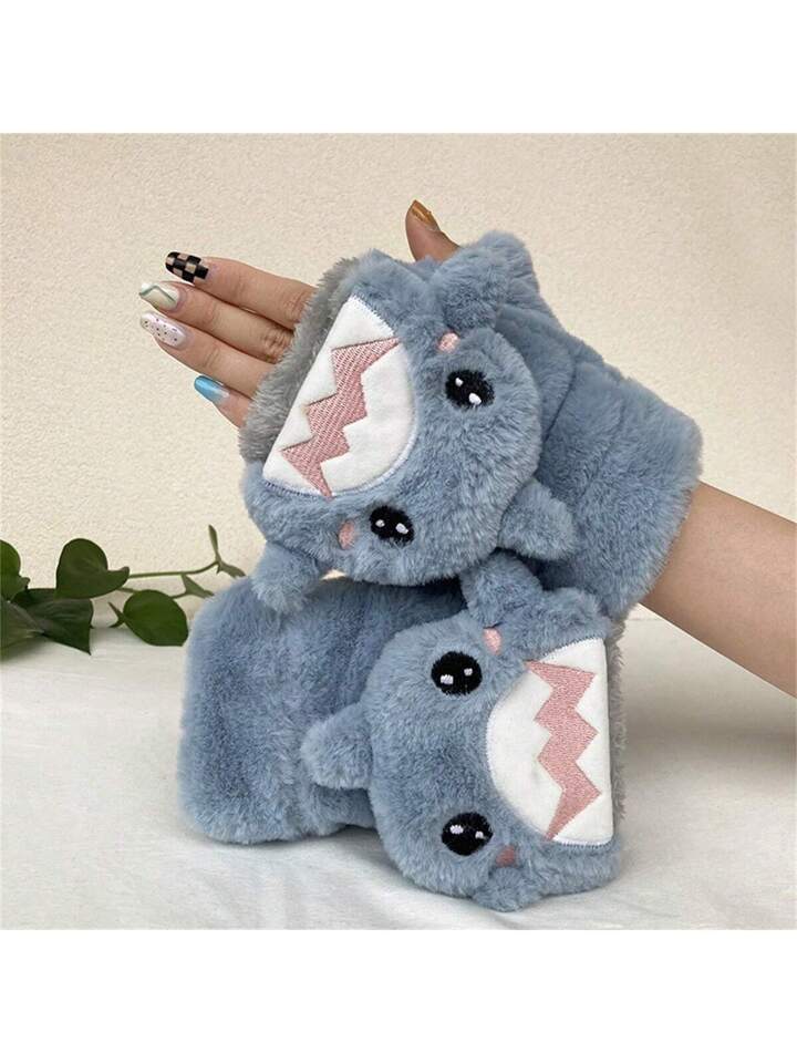 Guantes de medio dedo con forma de tiburón para bebé, mitones de felpa bonitos, guantes para invierno para mujer