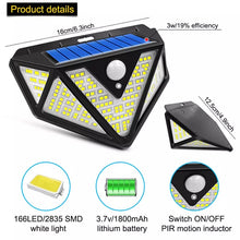 Cargar imagen en el visor de la galería, Luz Solar de 1200lm con Sensor de movimiento 166 LED 270 gran angular IP65, resistente al agua, 3 modos, lámpara Solar inalámbrica para exteriores y jardín.   CL-166
