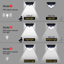 Cargar imagen en el visor de la galería, Luz Solar de 1200lm con Sensor de movimiento 166 LED 270 gran angular IP65, resistente al agua, 3 modos, lámpara Solar inalámbrica para exteriores y jardín.   CL-166
