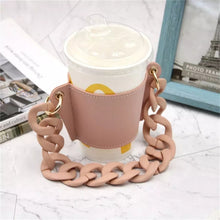 Cargar imagen en el visor de la galería, Funda  vaso termo reutilizable con cadena de viaje ecológica para bebidas, funda para botella de café, soporte para taza de cuero PU MOD cadena grande
