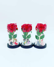 Cargar imagen en el visor de la galería, Rosa de la bella y la bestia, parejas, flores preservadas enteras, cúpula de cristal MOD modelo YY-2
