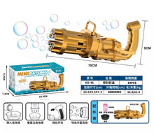 Cargar imagen en el visor de la galería, Pistola de burbuja en caja Máquina de burbujas eléctrica Gatling para niños, pistola de burbujas automática de oro y negro, función combinada de ventilador de pistola de juguete MOD 2025
