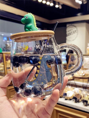 Taza de vidrio transparente con tapa y pajita, vaso de cristal dinosaurio mod 359 - mychinashop.com