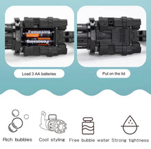 Cargar imagen en el visor de la galería, Pistola de burbuja en caja Máquina de burbujas eléctrica Gatling para niños, pistola de burbujas automática de oro y negro, función combinada de ventilador de pistola de juguete MOD 2025
