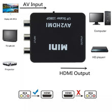 Cargar imagen en el visor de la galería, Adaptador de caja convertidora de vídeo compatible con AV a HDMI, RCA, CVSB, L/R, vídeo a HD, 1080P, HDMI, adaptador escalador, convertidor HDTV
