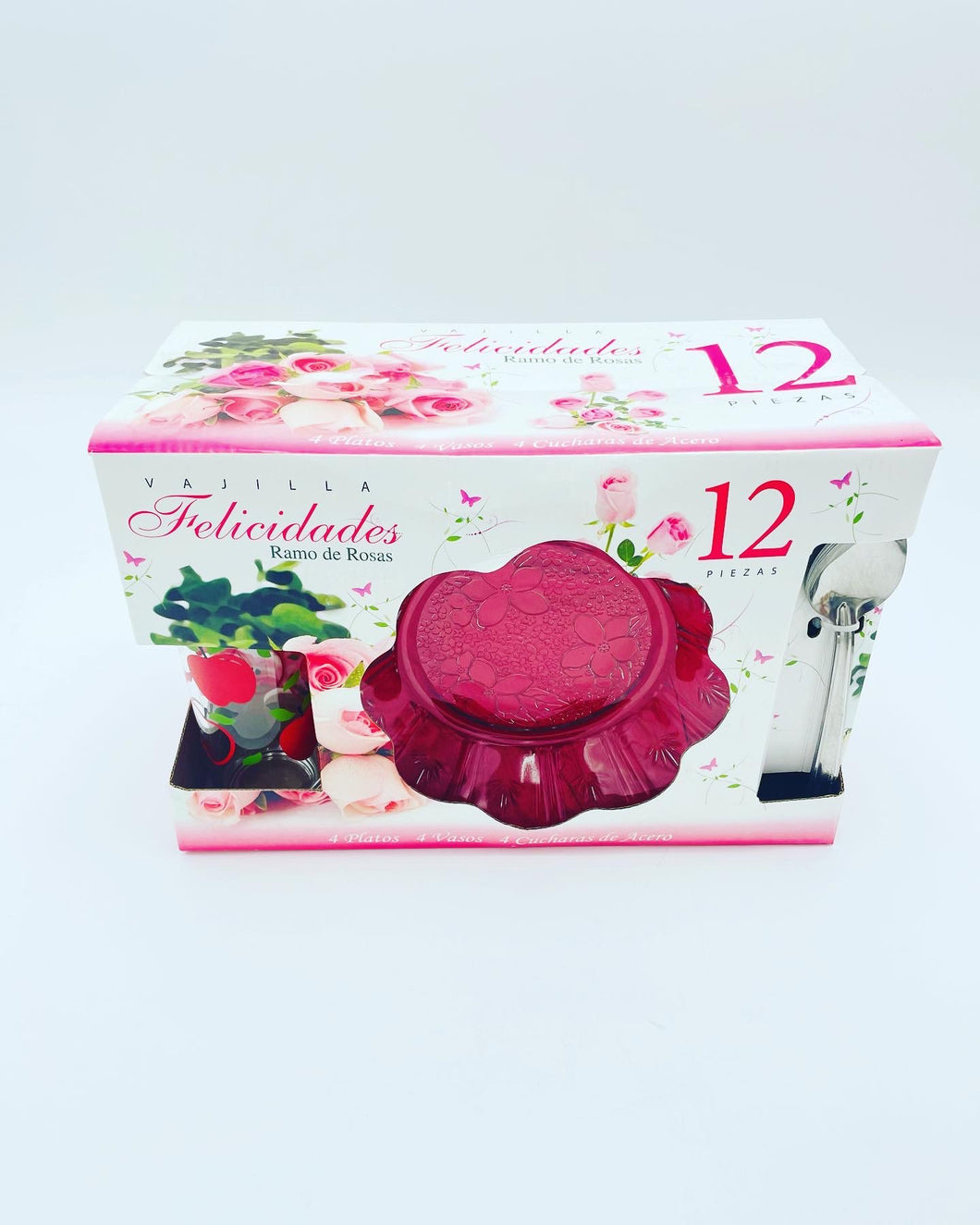 Set de vajilla de cristal 12 pz platos vasos cucharas MOD RAMO DE ROSAS
