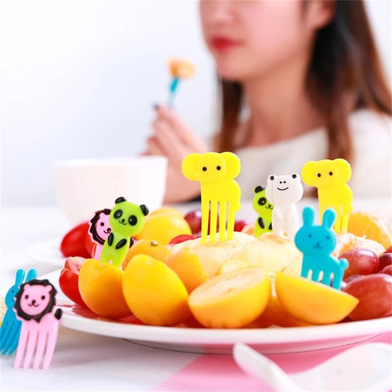 Mini Tenedor de fruta con dibujos de animales para niños, accesorios de decoración para fiesta, 10 pz