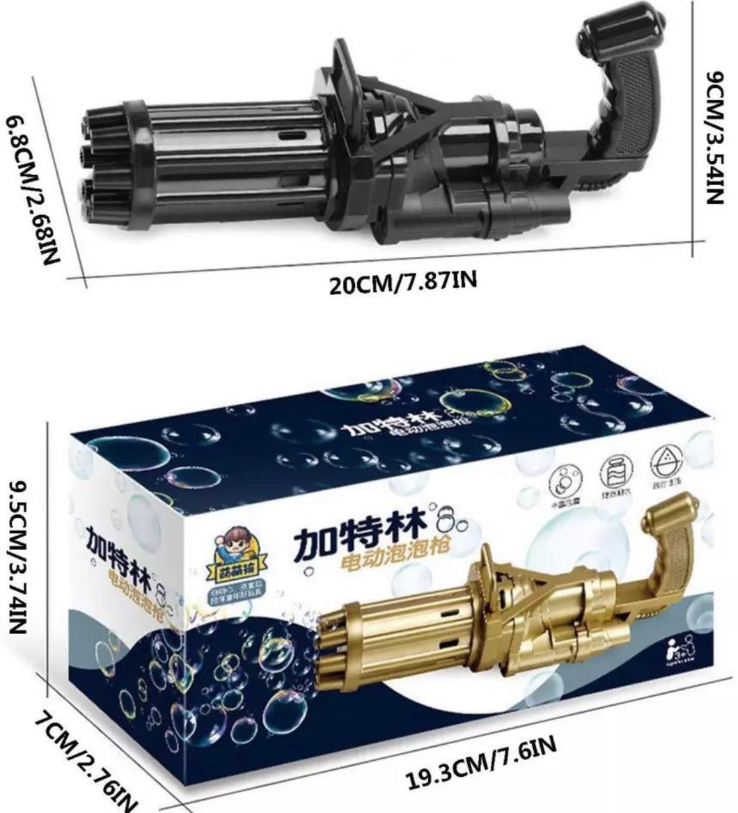 Pistola de burbuja en caja Máquina de burbujas eléctrica Gatling para niños, pistola de burbujas automática de oro y negro, función combinada de ventilador de pistola de juguete MOD 2025