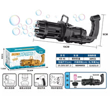 Cargar imagen en el visor de la galería, Pistola de burbuja en caja Máquina de burbujas eléctrica Gatling para niños, pistola de burbujas automática de oro y negro, función combinada de ventilador de pistola de juguete MOD 2025
