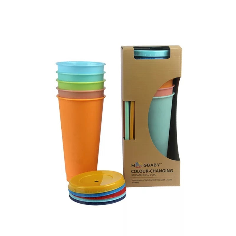 Paquete de 5 vasos termocrómico reutilizable de plástico portátil 710 ml  con tapa y popote MOD 0011