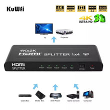 Cargar imagen en el visor de la galería, Multiplicador HDMI 4 canales 4K x 2k 1080P HDMI Splitter 4K 60Hz HDMI Splitter 1x4 HDMI2.0 1 en 4 convertidor de vídeo para PS4 DVD STB PC salida a 4 Monitor de TV - mychinashop.com
