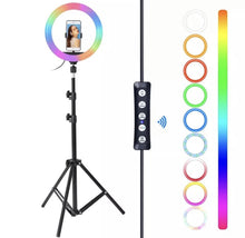 Cargar imagen en el visor de la galería, Aro de luz de 12” RGB luz de colores Mod 961-25 con tripié de 1.70 cm mod 961-3 Anillo de luz de relleno RGB de 10 pulgadas con trípode de fotografía lámpara de anillo regulable para luces de Video de maquillaje TikTok Youtube - mychinashop.com
