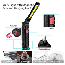 Cargar imagen en el visor de la galería, Linterna LED de trabajo portátil, linterna magnética con carga USB, COB, giratoria, gancho 180, lámpara colgante para Reparación de automóviles/Camping MOD 808/308 MOD W52
