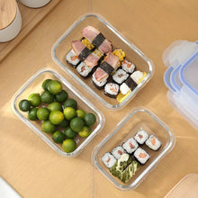 Cargar imagen en el visor de la galería, Fiambrera de vidrio sellado creativa, contenedor de comida redondo/rectangular, azul transparente, portátil de viaje, fiambrera para bebé, fiambrera para microondas 3 pz set MOD 4269
