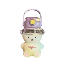 Cargar imagen en el visor de la galería, Botella de agua oso transparente  Kawaii de 1 litro para niñas, botellas escolares con correa de pajita, de plástico para beber al aire libre sticker , botellas de agua de oso bonito MOD HL02
