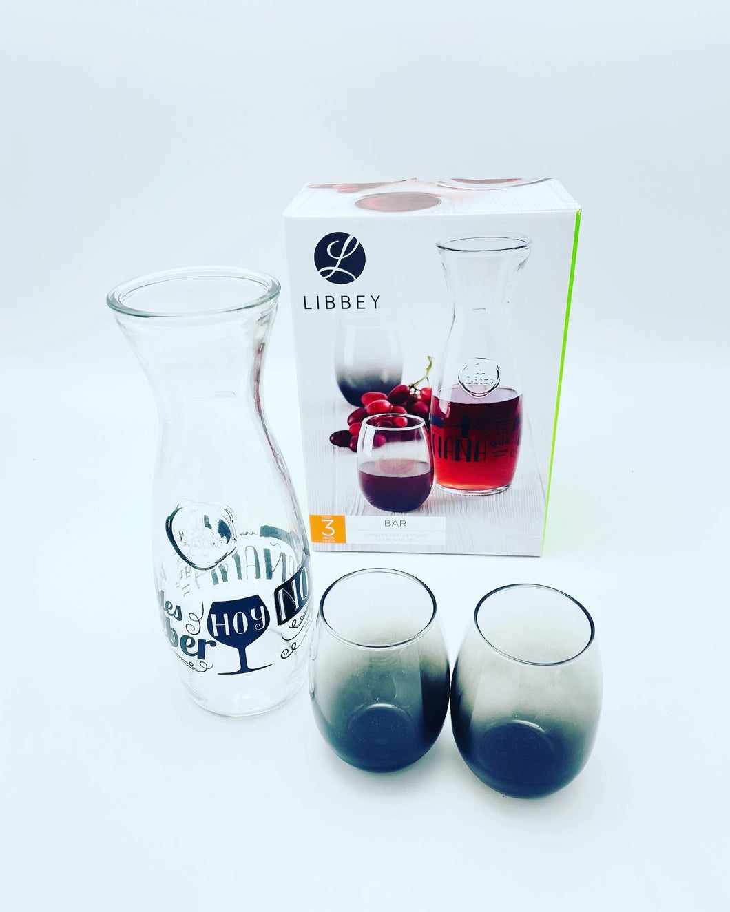 Set de 3 pz de BAR  juego de vino dos vasos de 14.5 OZ y 1 litro MOD BAR