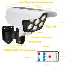 Cargar imagen en el visor de la galería, Lámpara Solar con detección de movimiento 77LED, iluminación de cámara simulada de seguridad de calle al aire libre con Control remoto IP65, foco de 3 modos para jardín.  YH-2178T
