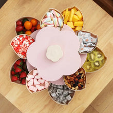 Cargar imagen en el visor de la galería, Caja de almacenamiento rotativa creativa de doble capa, organizador de decoración de boda de plástico con diseño de flores para aperitivos y dulces MOD GH6413
